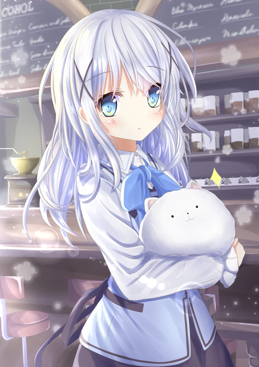 Chino Kafuu holding Tippy in a softly lit café.