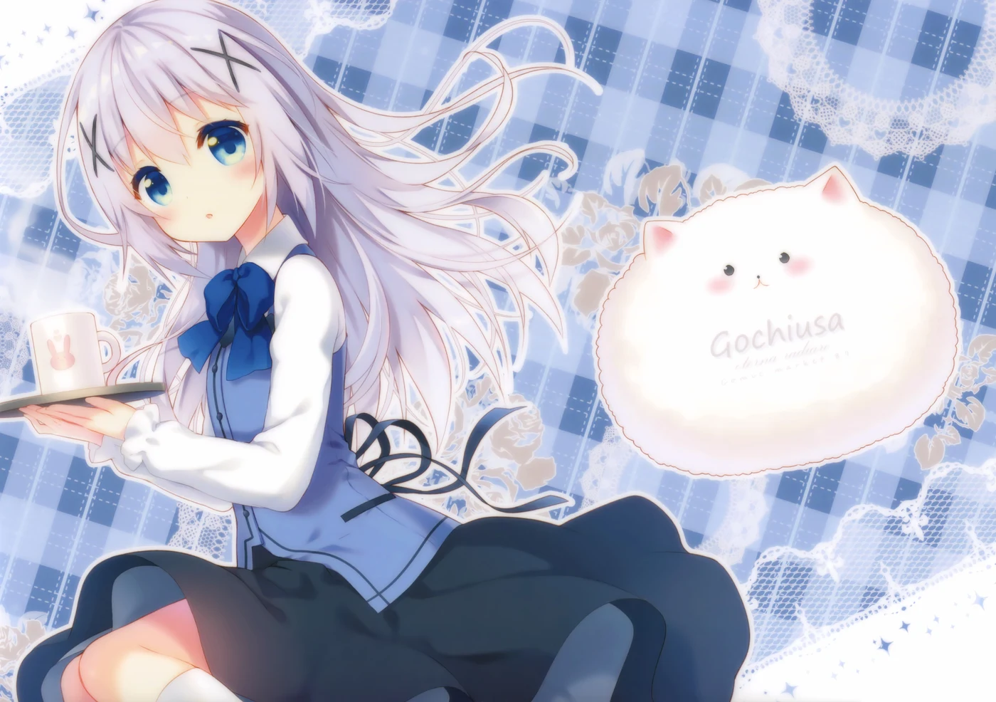 Chino and Tippy against a blue gingham and lace backdrop.